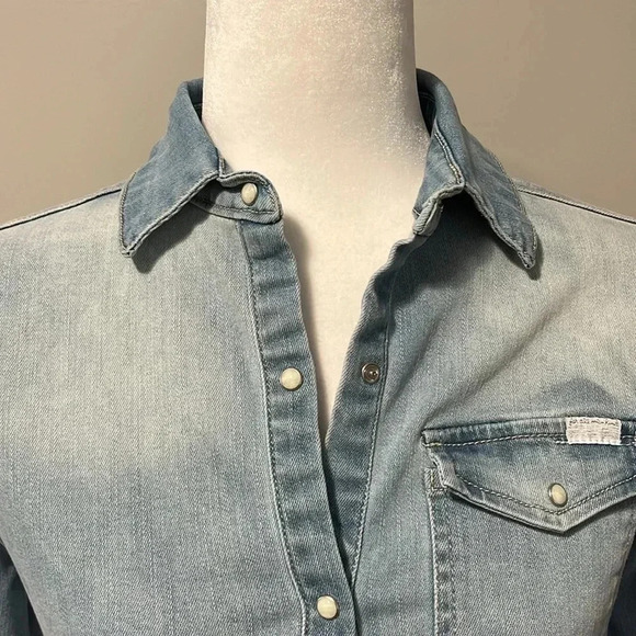 7 For All Mankind Stretch Denim Raw Hem Long Sleeve Shirt Dress Faded W… - Picture 10 of 16